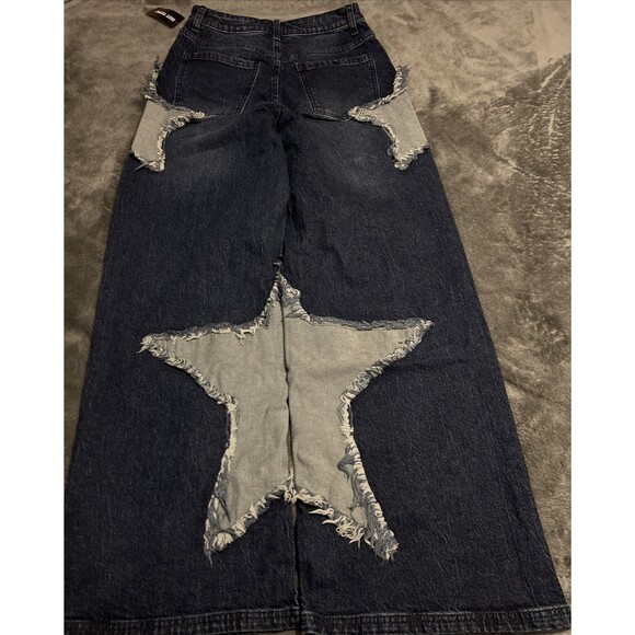 SIZE 3 Hot Topic Star Patchwork Wide Leg Jeans Blue Denim Star Appliqué Womens - Picture 8 of 8